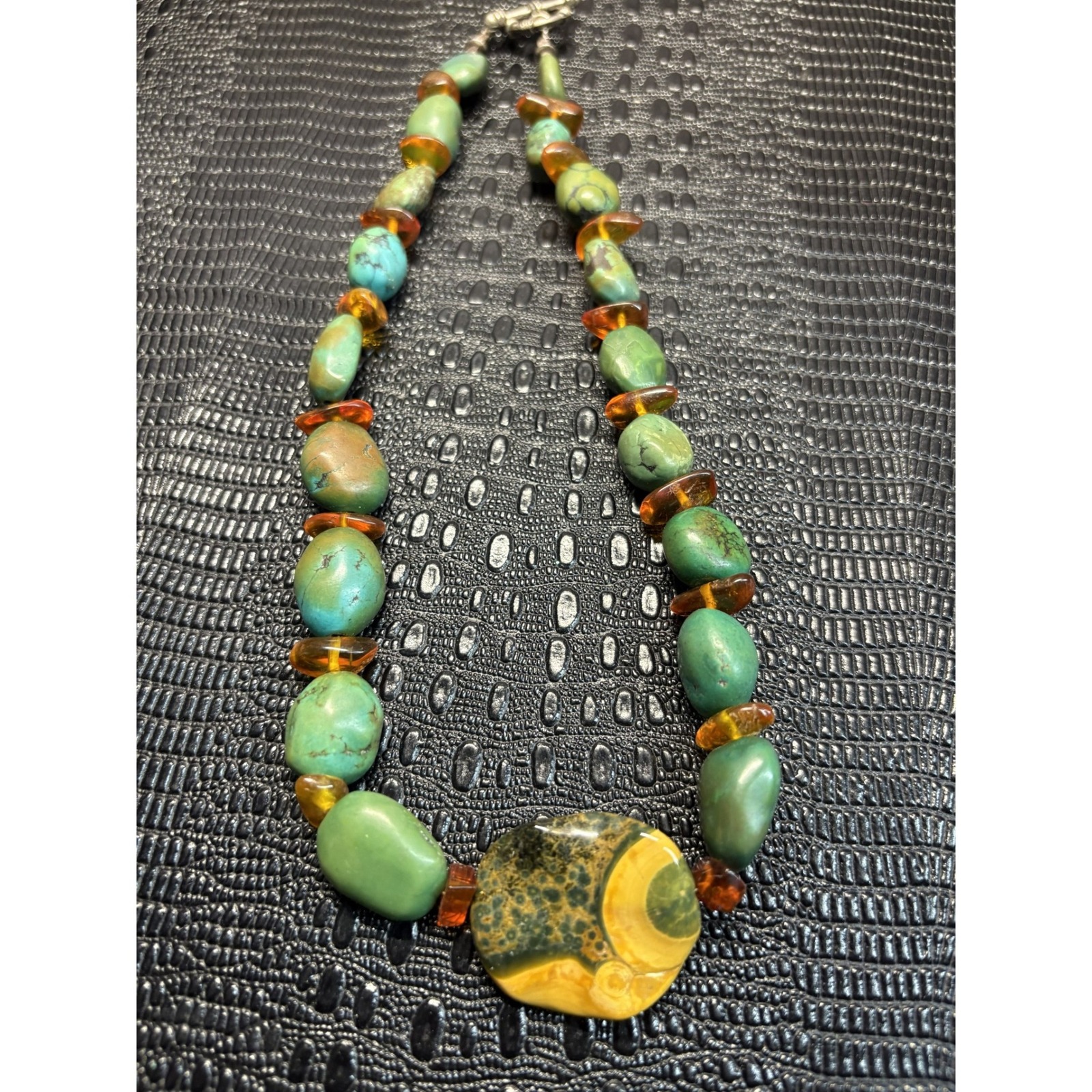 Natural Turquoise And Amber Bead Statement Necklace With Large Focal Stone 17"